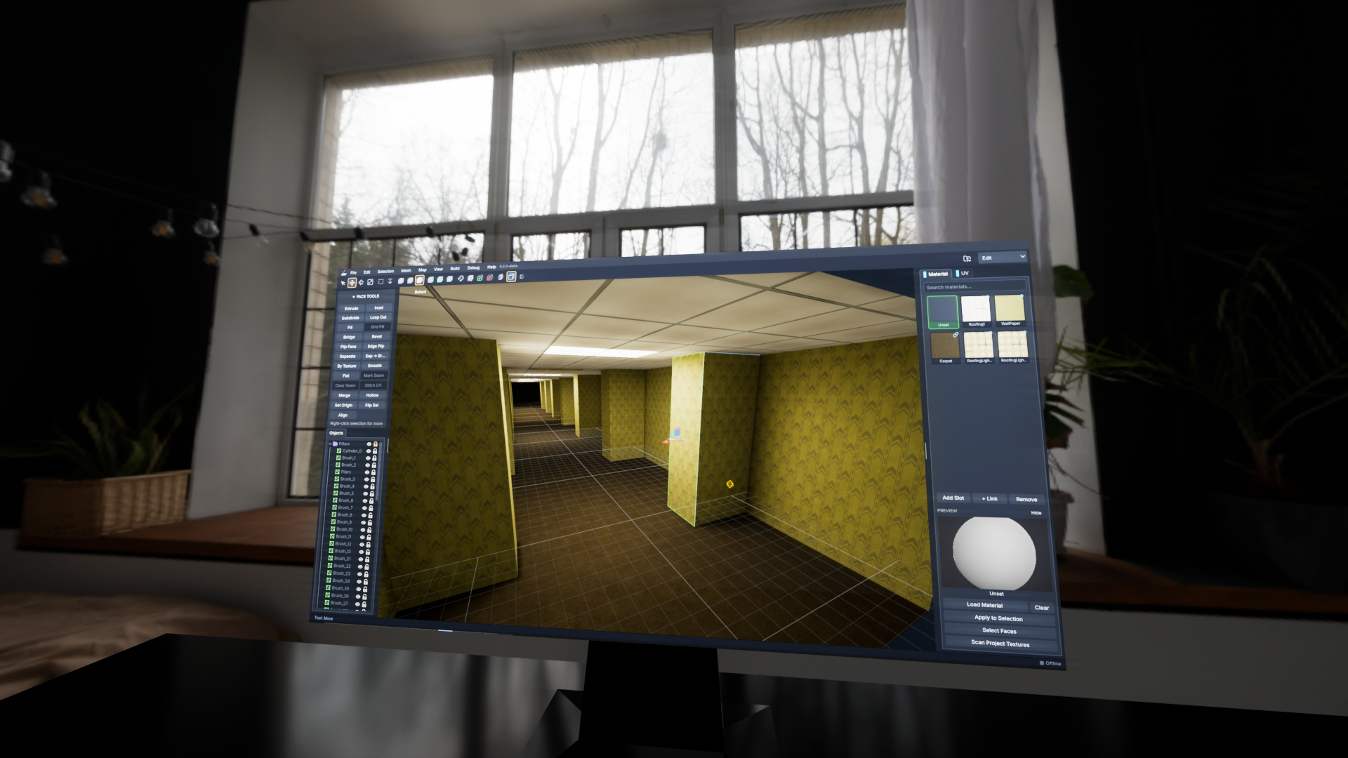 BrosoForgejo - editing an interior corridor scene with material and asset panels